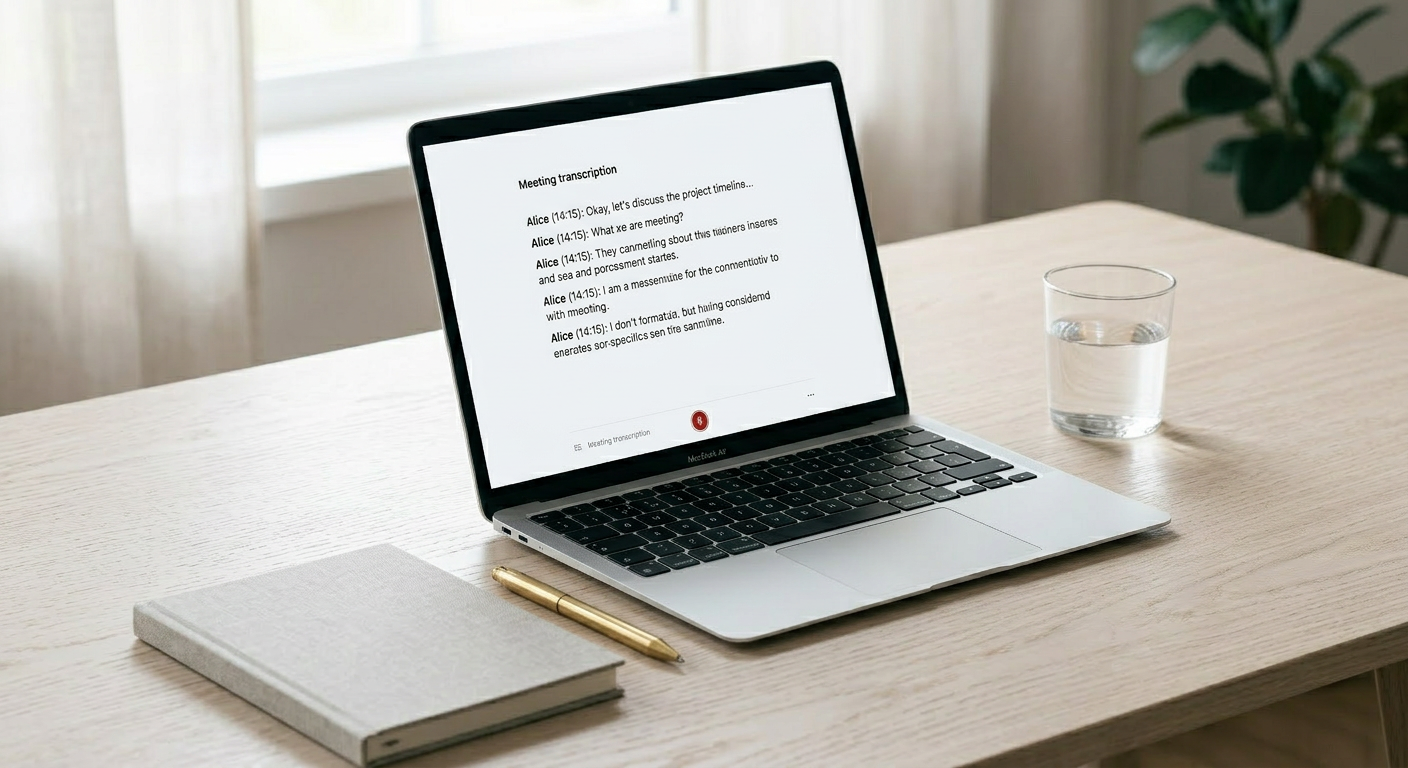 A laptop screen showing meeting transcription in progress, illustrating real-time summary tools.