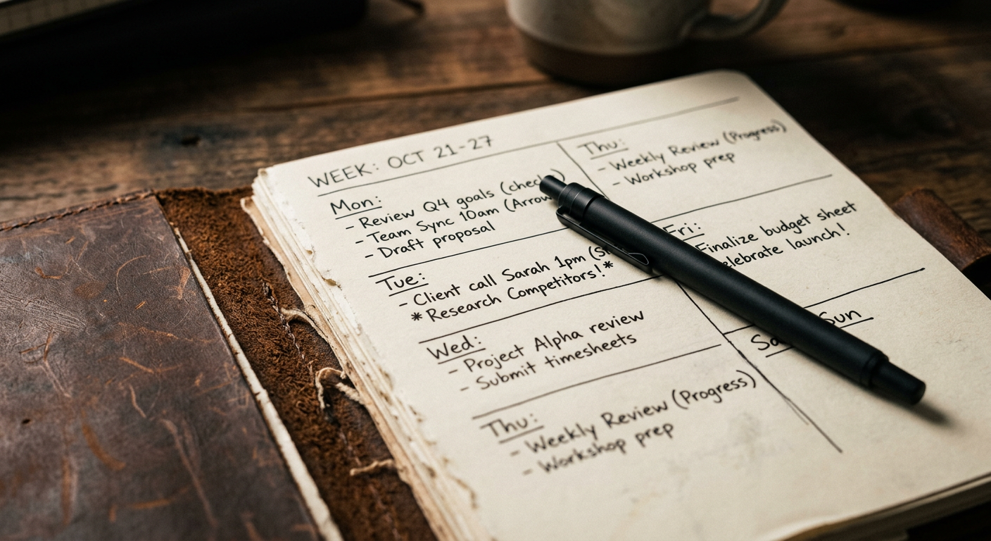 A handwritten weekly review notebook illustrating strategic planning outside of apps and templates.