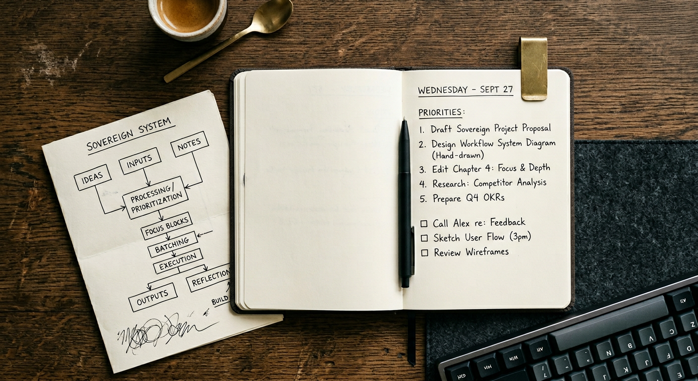 A handwritten sovereign workflow diagram and daily priorities notebook showing a system built before automation.